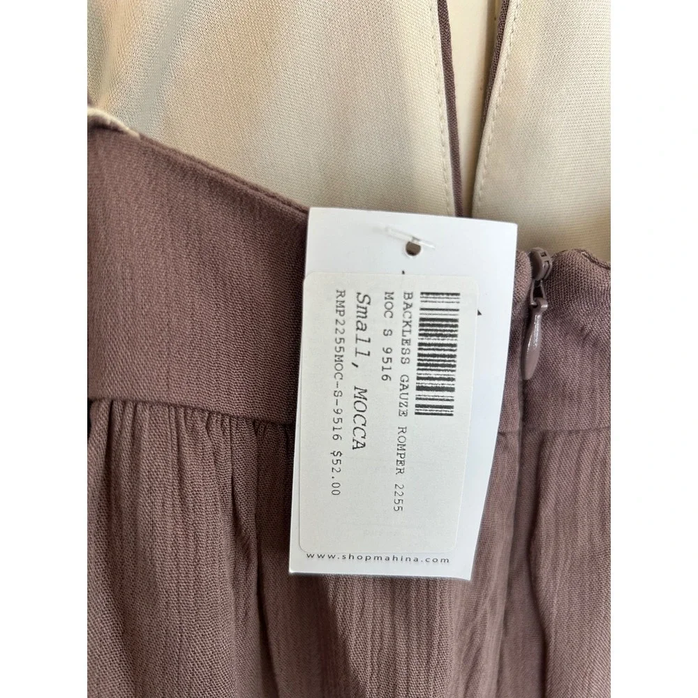 NWT Mahina Hawaii Romper Taupe Brown Deep V Neck Small Resort Vacation Boutique - Picture 4 of 10